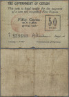 Ceylon: The Government of Ceylon, 50 Cents 1942 fractional issue, P.41, lightly yellowed paper, minor margin splits and tiny pinholes, Condition: F.
...