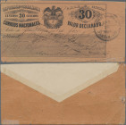 Colombia: Republica de Colombia – Correos Nacionales 30 Centavos 1897, P.NL, partly taped on paper on back, remnants of glue and taped border tears, C...