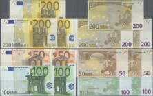 EURO: European Central Bank, first series 2002, lot with 7 banknotes, comprising 50 Euro (Sign. Trichet, prefix X, printers code G028C3, P.11x3, UNC),...