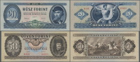 Hungary: Magyar Nemzeti Bank pair with 20 Forint 1957 (P.169a, UNC) and 50 Forint 1951 (P.167, UNC). (2 pcs.)
 [differenzbesteuert]