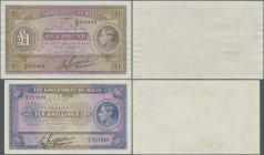Malta: The Government of Malta, pair with 10 Shillings ND(1940) (P.19, XF+) and 1 Pound ND(1940) with signature: E. Cuschieri and handwritten signatur...