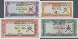 Oman: Central Bank of Oman, set with 5 banknotes of the ND(1977 & 1985) series, comprising 100 and 200 Baisa (P.13, 14, UNC), ¼, ½ and 1 Rial (P.15, 1...