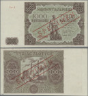 Poland: Narodowy Bank Polski 1000 Zlotych 1947 SPECIMEN, series A and all zero serial #, P.133s, vertical bend at left margin and tiny dent at lower l...