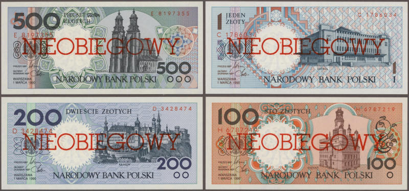 Poland: Complete set with 9 Banknotes of the not issued series from 1990 with 1,...