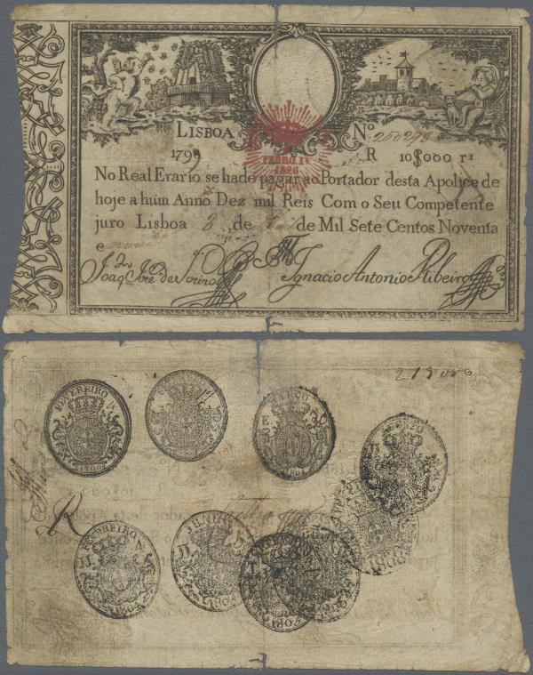 Portugal: 10.000 Reis 1799 revalidation issue ”Pedro IV” P. 28, stronger used wi...