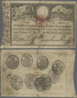 Portugal: 10.000 Reis 1799 revalidation issue ”Pedro IV” P. 28, stronger used with strong center fold, causing tears at borders, borders a bit used, c...
