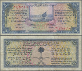 Saudi Arabia: Saudi Arabian Monetary Agency 5 Riyals AH1373 (1954) Haj Pilgrim Receipt, P.3, still nice with tiny margin split, some folds and a few m...