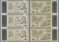 Singapore: Monetary Authority of Singapore, booklet with an uncut sheet of 3 banknotes 50 Dollars 2015, P.61b with blue serial number at right and pre...
