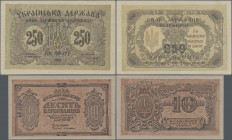 Ukraina: Pair with 10 Karbovantsiv ND(1919), prefix AГ (P.36a.4, aUNC with tiny pinhole) and 250 Karbovantsiv 1918 with prefix AA (P.39a, aUNC). (2 pc...
