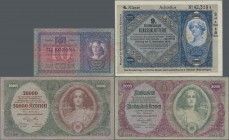 Austria: Oesterreichisch-ungarische Bank, lot with 28 banknotes 1904-1923, comprising for example 10 Kronen 1904 (P.9, F), 1000 Kronen with overprint ...
