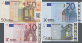 EURO: European Central Bank, first series 2002, giant lot with 130 banknotes, containing 5x 5 Euro with Sign. Duisenberg and 20x 5 Euro Sign. Trichet,...