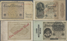 Deutschland - Deutsches Reich bis 1945: Kleines Lot Milliarden mit 8 Banknoten, dabei 1 Mrd. Überdruck/schwach (Ro. 110), 10 Mrd. (Ro. 113), 50 Mrd. (...