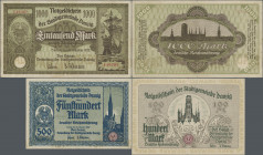Deutschland - Nebengebiete Deutsches Reich: Stadtgemeinde Danzig 1922/23, Lot mit 4 Banknoten, dabei 100 Mark 1922 (Ro.792, VF+/XF), 500 Mark 1922 (Ro...