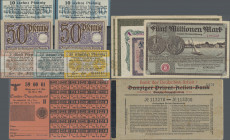 Deutschland - Nebengebiete Deutsches Reich: Danzig, Lot mit 18 Banknoten und Notgeldscheinen, dabei enthalten sind Stadtgemeinde Danzig 2x 50 Pfennig ...