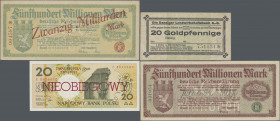 Deutschland - Nebengebiete Deutsches Reich: Lot mit 6 Banknoten, dabei Danziger Landwitschaftsbank 20 Goldpfennige Blanko (III/III-), Zoppot Stadthaup...