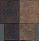 Deutschland - Notgeld besonderer Art: Pößneck, ”Stiefelsohlengeld”, 25 Goldpfennig, Doppelprägung kopfstehend zueinander stehend, 50 Goldpfennig, 1.50...