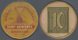 Deutschland - Briefmarkennotgeld: Barmen, Ernst Quambusch, 10 Pf. Ziffer in Zelluloidkapsel, MUG rosa, Erh. I-II
 [differenzbesteuert]