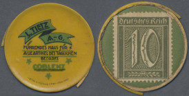 Deutschland - Briefmarkennotgeld: Coblenz, L. Tietz AG, gelbe Plastikhülle mit 10 Pf. Ziffer in Zelluloidkapsel, MUG olivgrün, leichte Randmängel
 [d...