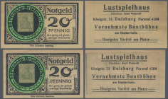 Deutschland - Briefmarkennotgeld: Dusiburg, Lustspielhaus, 2 x 20 Pf. Germania grün, Briefmarke unter Pergamin auf Werbeblatt, Erh. I, total 2 Stück
...