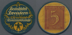 Deutschland - Briefmarkennotgeld: Elberfeld, Besteckfabrik Zweistern, 5 Pf. Ziffer in Zelliloidkapsel, MUG gelb, Erh. I
 [differenzbesteuert]