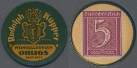 Deutschland - Briefmarkennotgeld: Ohligs, Rudolph Küpper, 5 Pf. Ziffer in Zelluloidkapsel, runde Abdeckung fehlt, MUG gelb, sonst Erh. I
 [differenzb...