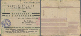 Deutschland - Reichsbahn: Stettin, Oberpostdirektion, 100 Mrd. Mark, 27.10.1923 - 15.12.1923, überdrucktes Scheckformular mit Hochdruckstempel ”27.10....