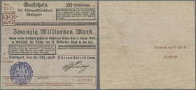 Deutschland - Reichsbahn: Stuttgart, Oberpostdirektion, 20 Mrd. Mark, 25.10.1923 (violetter Hochdruckstempel), oben 1 cm Einriß, Erh. III-
 [differen...