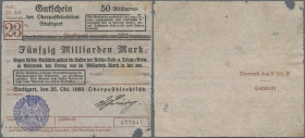 Deutschland - Reichsbahn: Stuttgart, Oberpostdirektion, 50 Mrd. Mark, 25.10.1923 (violetter Hochdruckstempel), rechts unten Fehlstelle, Erh. IV
 [dif...