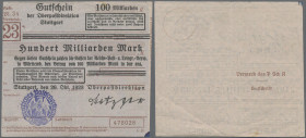 Deutschland - Reichsbahn: Stuttgart, Oberpostdirektion, 100 Mrd. Mark, 29.10.1923 (violetter Hochdruckstempel), rechte untere Ecke kleiner Tintenfleck...