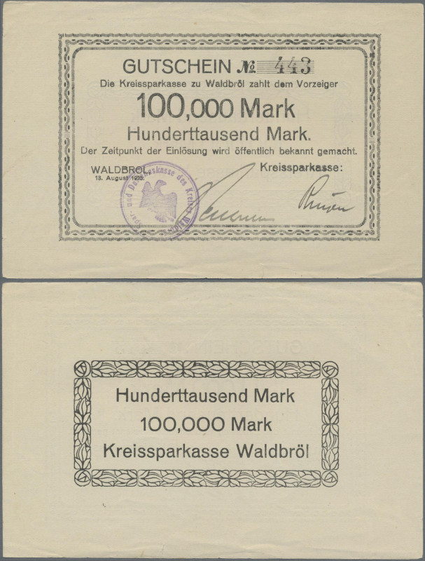 Deutschland - Notgeld - Rheinland: Waldbröl, Kreissparkasse, 100 Tsd. Mark, 13.8...