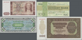 Deutschland - DDR: Album mit 49 Banknoten Alliierte Militärbehörde und DDR in zumeist kassenfrischer Erhaltung, dabei u.a. 1000 Mark AMB 1944 (Ro.207c...