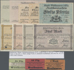 Deutschland - Notgeld - Elsass-Lothringen: Kleines Lot mit 9 Scheinen Mülhausen (1 und 5 Mark 1914 1. Ausgabe, 1, 2, 3, 5 Mark 1914 2. Ausgabe, 2 x 50...