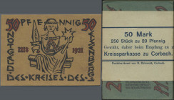 Deutschland - Notgeld - Hessen: Eisenberg, Kreis in Corbach, 20 Pf. (610 Stück) und 50 Pf. (620 Stück), beide 15.5.1921, zum größten Teil noch in Orig...