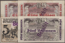 Deutschland - Notgeld - Württemberg: Freudenstadt, sieben Notgeldscheine mit u. a. 2 x 1 Billion und 5 Billionen Mark vom 1.11.1923 sowie 5 Billionen ...