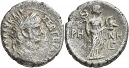 Nero (54 - 68): Billon Tetradrachme, Jahr 3 (56/57), Alexandria mint. Kopf mit Lorbeerkranz nach rechts / Eirene steht mit Kerykeion und Helm IPH NH. ...