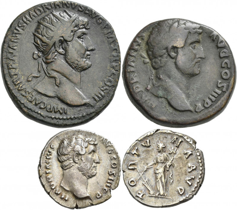 Hadrian (117 - 138): Lot 3 Stück, Æ-Dupondius , 12,48 g / Æ-As, 13,21 g / AR-Den...