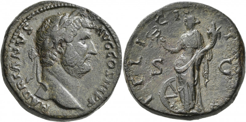 Hadrian (117 - 138): Æ-Sesterz, 27,34 g, Büste nach rechts / Felicitas stehend n...