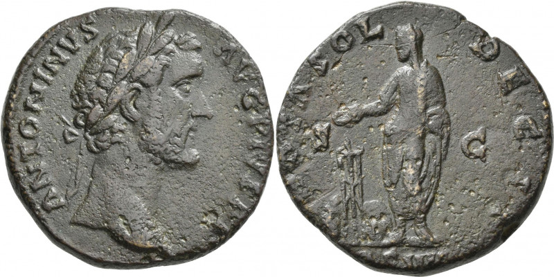 Antoninus Pius (138 - 161): Æ-Sesterz, 19,88 g, dunkelbraune Patina, sehr schön....