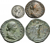 Faustina Minor (+ 176 n.Chr.): Lot 3 Stück, Æ-Sesterz, LAETITIA SC, 23,4 g, Kampmann 38.70 / Æ-As, SALVTI AVGVSTAE, 12,28 g, Cohen 201 / AR-Denar, CON...