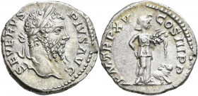 Septimius Severus (193 - 211): AR-Denar, 3,38 g, Kopf mit Lorbeerkranz nach rechts / PM TRP XV - COS III PP, Africa mit Elephantenhaube und Tierfell, ...