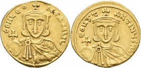 Leo III. (717 - 741): Leo III. mit Constantinus V. 720-741: AV-Solidus, 4,44 g, Sommer 21.2, Sear 1504, DOC 4, sehr schön+.
 [differenzbesteuert]