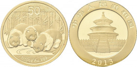 China - Volksrepublik: 50 Yuan 2013, Panda, 3 Pandas trinken am Fluß, KM# Unl. Friedberg B17. 3,11 g (1/10 OZ), 999/1000 Gold. Eingeschweißt, Stempelg...