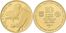 Israel: 10 New Sheqalim 1997 (JE 5757) aus der Serie Unabhängigkeit (Independence Day, First Zionist Congress Centennial in Basel). Portrait von Herzl...