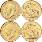 Südafrika: Georg V. 1910-1936: Sovereign 4 x 1927 SA + 2 x 1928 SA (South Africa), KM # 21, Friedberg 5. Je ca. 7,99 g, 917/1000 Gold. Lot 6 Stück.
 ...