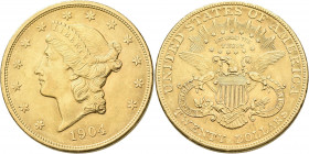 Vereinigte Staaten von Amerika: 20 Dollars 1904 Liberty Head. Friedberg 177. 33,40 g, 900/1000 Gold. Kratzer, min. Randfehler, sonst vorzüglich.
 [zz...
