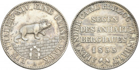 Anhalt-Bernburg: Alexander Carl 1834-1863: Taler 1855 A (Ausbeutetaler). AKS 16, Jaeger 66, Thun 3. Kratzer, sehr schön.
 [differenzbesteuert]
