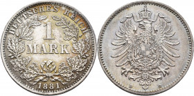 Umlaufmünzen 1 Pf. - 1 Mark: 1 Mark 1881 D, Jaeger 9. Selten in dieser Erhaltung, Patina, vorzüglich.
 [differenzbesteuert]