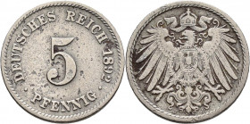 Umlaufmünzen 1 Pf. - 1 Mark: 5 Pfennig 1892 J, Jaeger 12, seltener Jahrgang, Auflage nur 93T, porös, fast sehr schön.
 [differenzbesteuert]