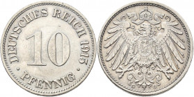 Umlaufmünzen 1 Pf. - 1 Mark: 10 Pfennig 1915 G, seltener Jahrgang in fast vorzüglicher Erhaltung. Jaeger 13. Die Auflage betrug nur 363.117 Stück.
 [...