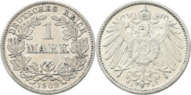 Umlaufmünzen 1 Pf. - 1 Mark: 1 Mark-Kursmünze 1909 J. Jaeger 17, seltener Jahrgang, Kratzer, fast vorzüglich.
 [differenzbesteuert]